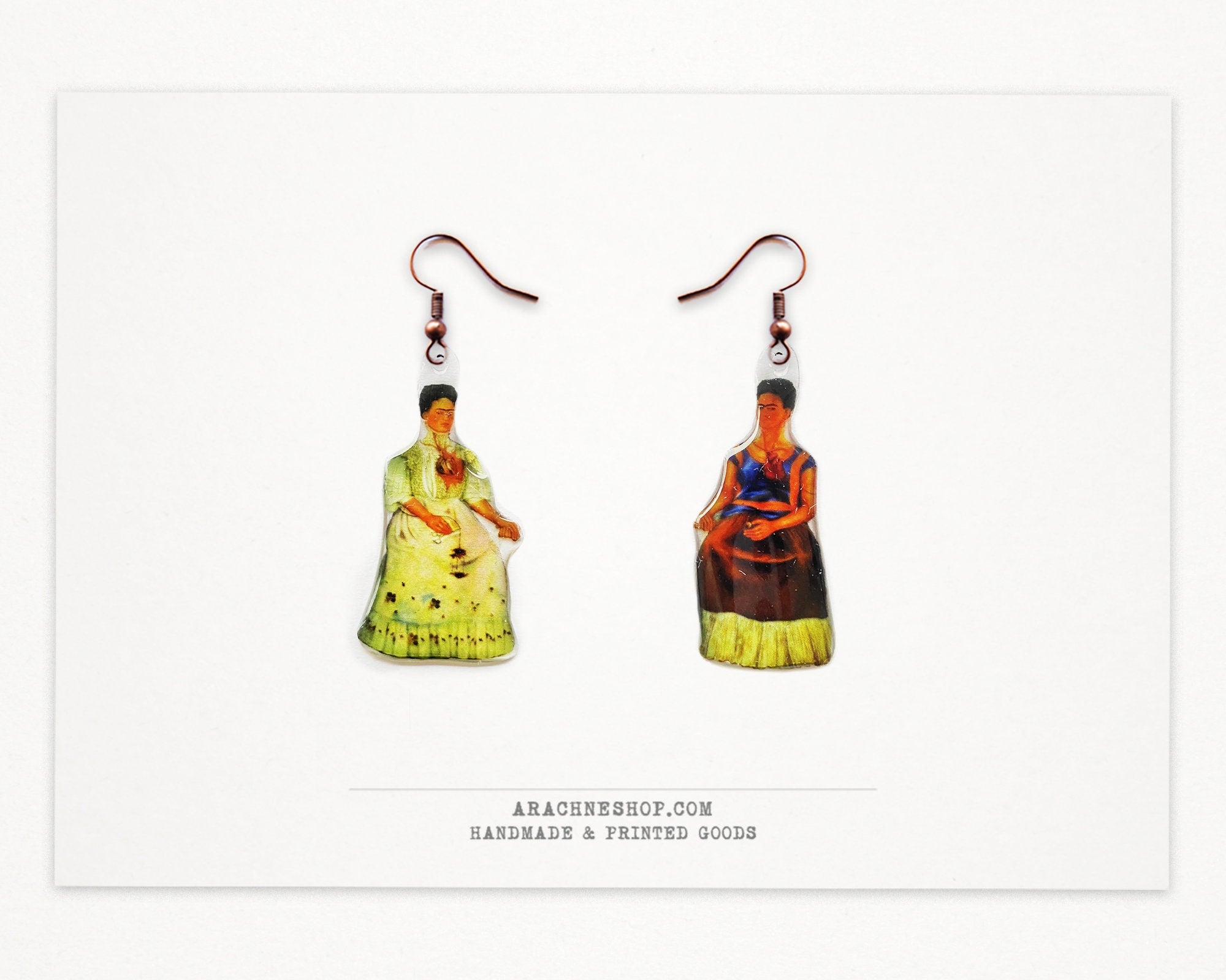 Frida Kahlo Earrings, Handmade Resin Stained-Glass Style, Copper Hooks